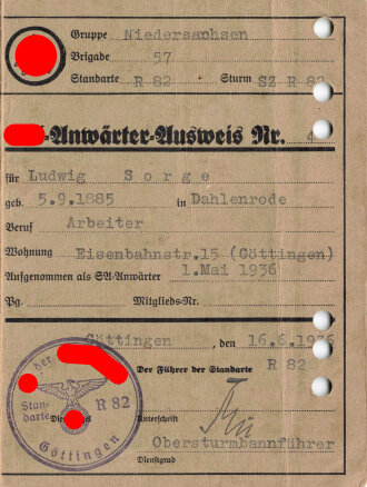 "SA-Anwärter-Ausweis" Gruppe Niedersachsen Brigade 57, Standarte R82 Göttingen, Eintritt 1936, ohne Lichtbild, gelocht