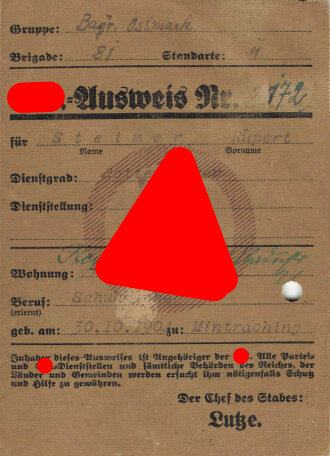 "SA.-Ausweis" eines Angehörigen Gruppe Ostmark Brigade 81 Standarte 7 Regensburg, Eintritt 1933, ohne Lichtbild, gelocht