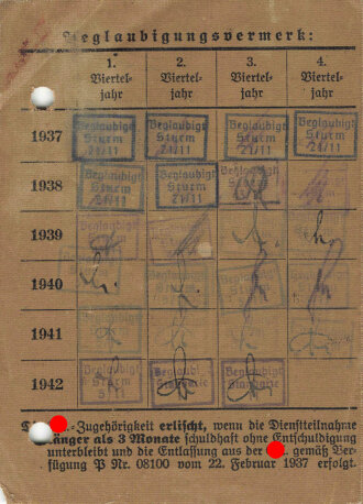 "SA.-Ausweis" eines Angehörigen Gruppe Ostmark Brigade 81 Standarte 7 Regensburg, Eintritt 1933, ohne Lichtbild, gelocht