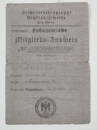 Reichsverkehrsgruppe Kraftfahrgewerbe, Fachgruppe Fuhrgewerbe "Mitglieds-Ausweis" 1943, stark verblasst