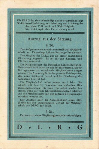 "DLRG Mitgliedskartes" Hessen-Nassau-Waldeck, datiert 1937