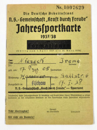 Die Deutsche Arbeitsfront, N.S.Gemeinschaft Kraft durch Freude "Jahresportkarte 1937/1938, ausgestellt in Aschau 1938