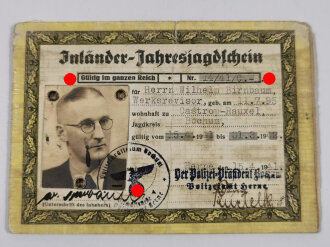 "Inländer-Jahresjagdschein" ausgestellt vom Polizeipräsidenten Bochum 1941