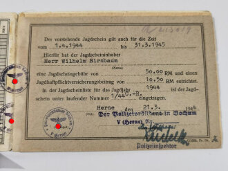 "Inländer-Jahresjagdschein" ausgestellt vom Polizeipräsidenten Bochum 1941