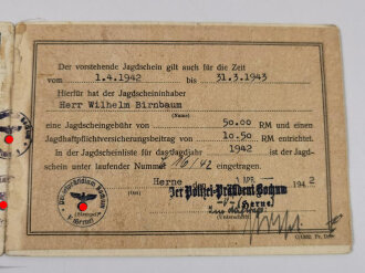 "Inländer-Jahresjagdschein" ausgestellt vom Polizeipräsidenten Bochum 1941