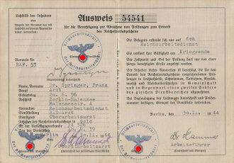 RAD, "Ausweis für die Berechtigung zur Abnahme von Prüfungen zum Erwerb des Reichssportabzeichens", datiert 1944, geknickt
