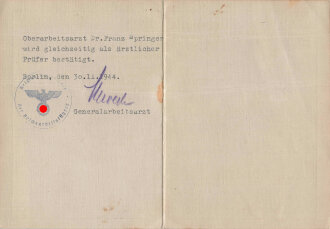 RAD, "Ausweis für die Berechtigung zur Abnahme von Prüfungen zum Erwerb des Reichssportabzeichens", datiert 1944, geknickt