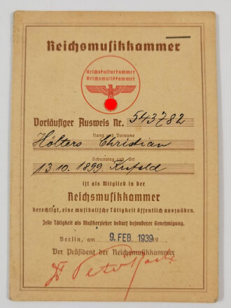 Reichsmusikkammer Ausweis, eines Musikers aus Krefeld, Eintrittt 1938