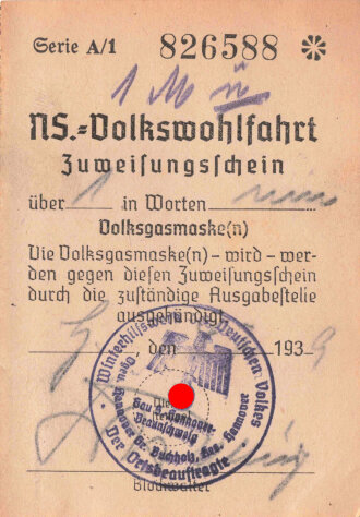 NS-Volkswohlfahrt Zuweisungsschein für eine Volksgasmaske, datiert 1939