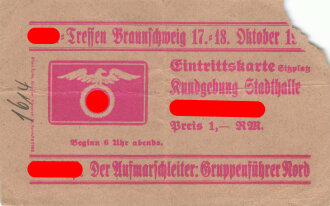 Eintrittfskarte für einen Sitzplatz in der Stadthalle beim  SA-Treffen in Braunschweig, Kundgebung Adolf Hitler