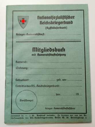 Nationalsozialistischer Reichskriegerbund (Kyffhäuserbund) Mitgliedsbuch, ohne Eintragungen