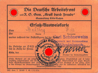 Die Deutsche Arbeitsfront, Gauverwaltung Köln-Aachen, "Ersatz-Ausweiskarte"