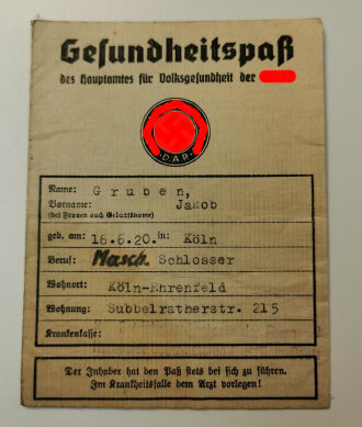 Gesundheitspaß Amt für Volksgesundheit der NSPAD Gau Köln.Aachen, datiert 1938