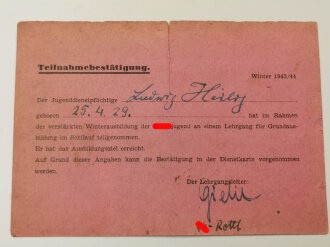 Teilnahmebestätigung zur Winterausbildung der Hilterjugend, datiert 1943/44