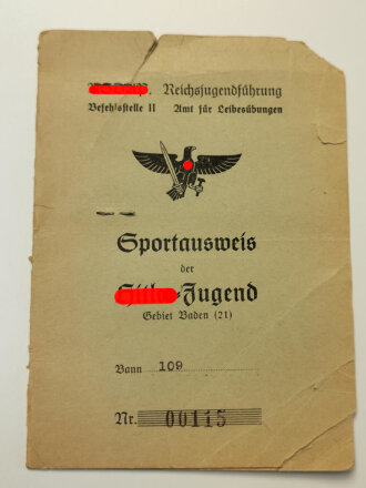 NSDAP Reichsjugendführung "Sportausweis der Hitler-Jugend Gebiet Baden, datiert 1941