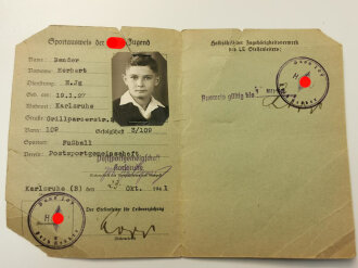 NSDAP Reichsjugendführung "Sportausweis der Hitler-Jugend Gebiet Baden, datiert 1941