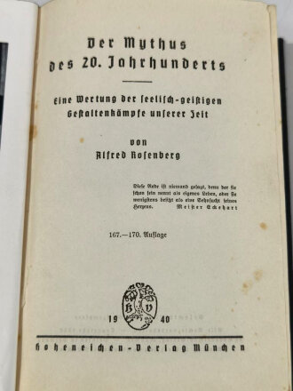 Alfred Rosenberg, Der Mythos des 20. Jahrhunderts, 712 Seiten, datiert 1940, DIN A5, fleckig, gebraucht, aus Raucherhaushalt