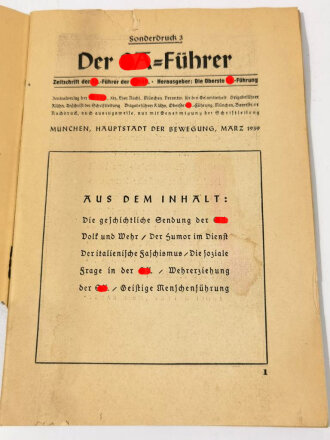 "Der SA.-Führer - Zeitschrift der SA-Führer der NSDAP" Sonderdruck 3, 48 Seiten, datiert 1939, DIN A5, stark gebraucht, aus Raucherhaushalt