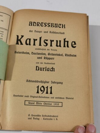 "Adressbuch für die Haupt- und Residenzstadt Karlsruhe 1911", über DIN A5, aus Raucheraushalt