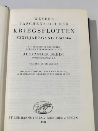 "Taschenbuch der Kriegsflotten 1943/44", Neuauflage 1974,  ca. 590 Seiten, gebraucht, aus Raucherhaushalt