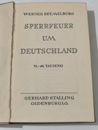 "Sperrfeuer um Deutschland", datiert 1929, 542 Seiten, DIN A5, aus Raucherhaushalt, gebraucht