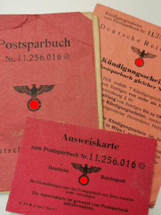 Deutsche Reichspost, Kündigungs- und Rückzahlungsscheine zum Postsparbuch, Postsparbuch und Ausweiskarte, datiert 1944