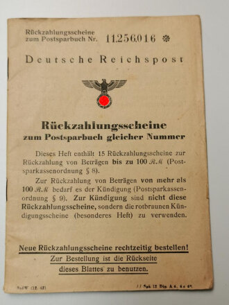 Deutsche Reichspost, Kündigungs- und Rückzahlungsscheine zum Postsparbuch, Postsparbuch und Ausweiskarte, datiert 1944