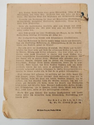 Merkblatt über Selbsthilfe bei Kampfstoffeinwirkung, Merkblatt 75, datiert 1943, zum Einlegen für das Soldbuch, stark gebraucht