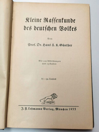 "Kleine Rassenkunde des deutschen Volkes", datiert 1933, 151 Seiten, fleckig