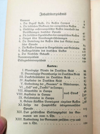 "Kleine Rassenkunde des deutschen Volkes", datiert 1933, 151 Seiten, fleckig