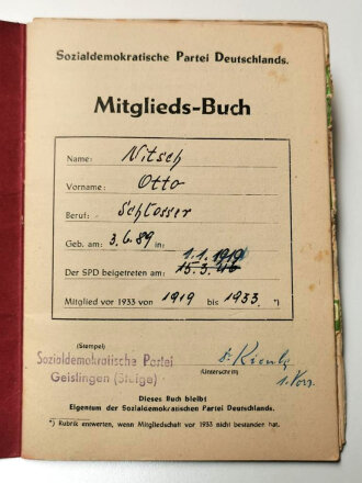 SPD Mitgliedsbuch von 1951 eines Angehörigen aus Geislingen der bereits 1919 in die SPD eingetreten war, DIN A6