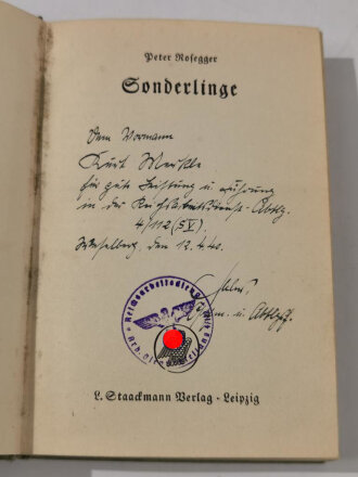 "Sonderlinge" Peter Rosegger, Widmung von 1940, mit Widmung, 413 Seiten, DIN A5, aus Raucherhaushalt