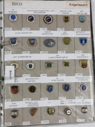 Deutschland  nach 1945, Sammlung Kleinabzeichen zum Thema Angelsport.  Jeweils nicht auf Zustand  oder Originalität geprüft