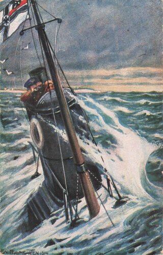 1. Weltkrieg, Ansichtskarte "Kolonialkriegerdank - Deutsches Unterseeboot auf Patrouille an der englischen Küste"