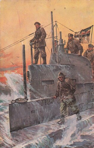 1. Weltkrieg, Ansichtskarte "Auf dem Kommandoturm eines U-Bootes (Plakat der U-Boot -Spende 1917)"