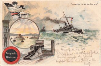 1. Weltkrieg, Ansichtskarte "Torpedos unter Volldampf - Einfahrt zum Hafe von Kiaotschau"