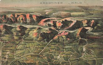 1. Weltkrieg, Ansichtskarte "Argonner Wald - Panorama des deutsch-französischen Kriegsschauplatzes 1914/15 um Verdun" Rückseite bemalt
