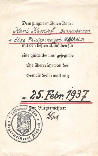 Vorsatzblatt für eine Hochzeitsausgabe von Adolf Hitler " Mein Kampf"  von 1937