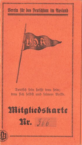 Verein für das Deutschtum im Ausland (VDA) Mitgliedskarte einer Schülerin, "V.D.A Schulgruppe der Ev. Mädchen-Schule", Nürnberg 1930