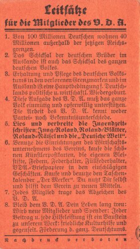 Verein für das Deutschtum im Ausland (VDA) Mitgliedskarte einer Schülerin, "V.D.A Schulgruppe der Ev. Mädchen-Schule", Nürnberg 1930