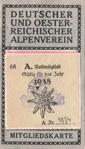 Deutscher und Oesterreichischer Alpenverein Mitgliedskarte mit 1935-1938 bezahlten Mitgliedsbeiträgen