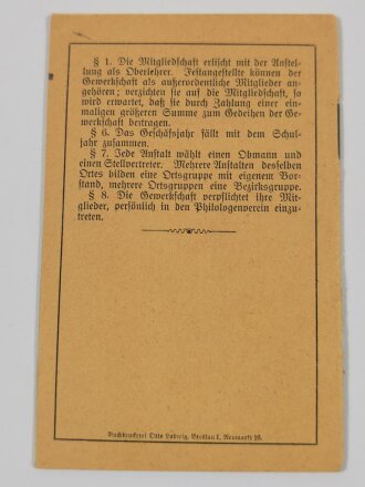 Gewerkschaft der Studienassessoren und referendare Schlesiens, Mitgliedsbuch eines studierenden aus Neurode, Eintritt 1914