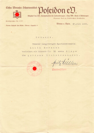 Urkunde über die Verleihung der goldenen Klubehrennadel, Erster Wormser Schwimmklub Poseidon eV., Mitglied des NS-Recihsbundes für Leibesübungen, Gau XIII, datiert 1944, DIN A4