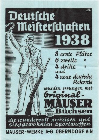 "Deutsche Meisterschaften 1938" Mauser-Werke A-G, Werbeplakate DIN A4