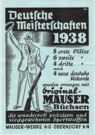 "Deutsche Meisterschaften 1938" Mauser-Werke A-G, Werbeplakate DIN A4