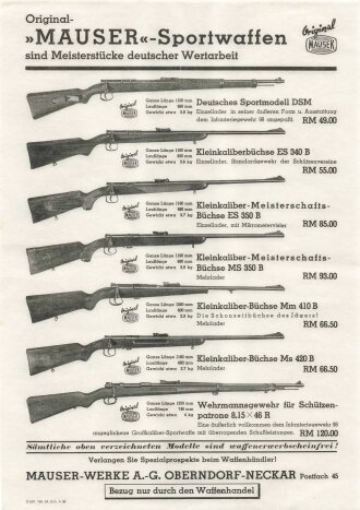 "Original-Mauser-Sportwaffen..." Mauser- Werke A.-G., Werbeplakate DIN A4