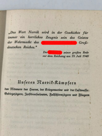 "Narvik. Vom Heldenkampf deutscher Zerstörer", datiert 1940, 408 Seiten, gebraucht, DIN A5, aus Raucherhaushalt