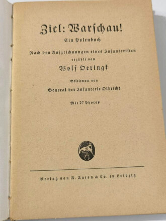 "Ziel: Warschau! Ein Polenbuch", datiert 1940, 144 Seiten, gebraucht, DIN A5, aus Raucherhaushalt
