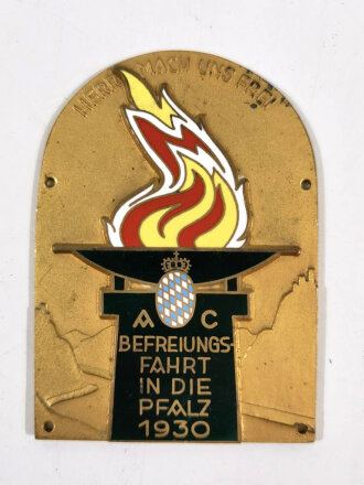 Kühlerplakette für ein Fahrzeug " AC Befreiungsfahrt in die Pfalz 1930" Sehr guter Zustand