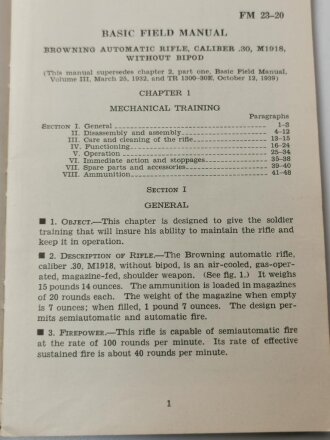 U.S. 1940 dated "FM 23-20, Browning Automatic Rifle, Caliber .30, M1918 without Bipod"